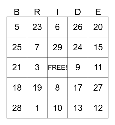 Eve's Bridal Shower Bingo Card