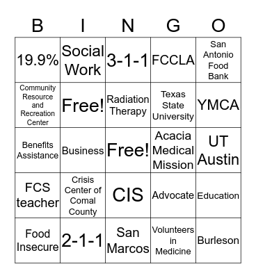 Community Resources Bingo Card