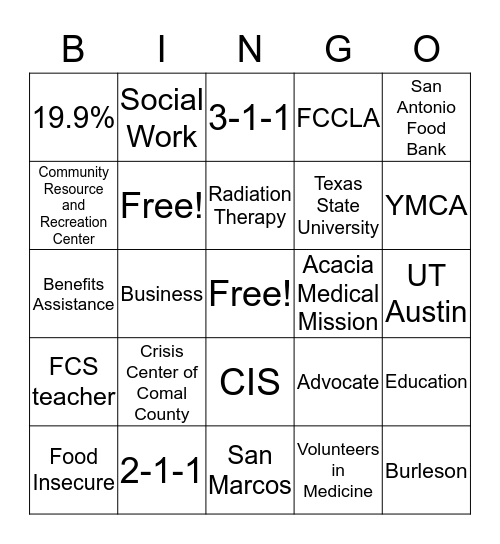 Community Resources Bingo Card