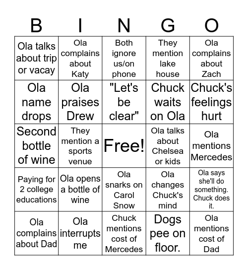 Weekend at Chuck and Ola's Bingo Card