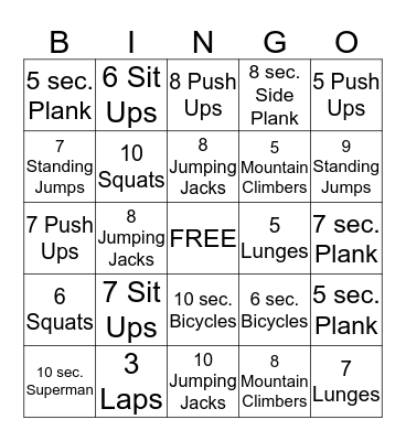 Fitness Bingo Card
