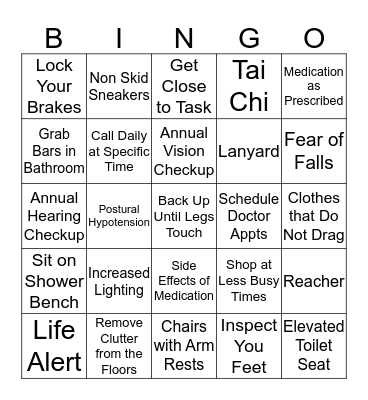 Fall Prevention Bingo Card