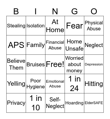 Elder Abuse Bingo Card