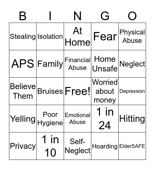 Elder Abuse Bingo Card