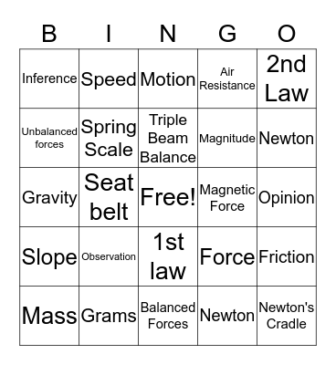 Forces and Motion Bingo Card