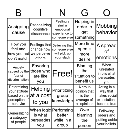 Social Psychology Bingo Card