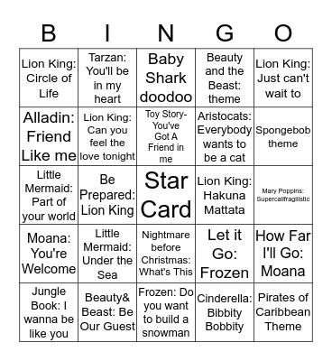 Disney Song Bingo  Bingo Card