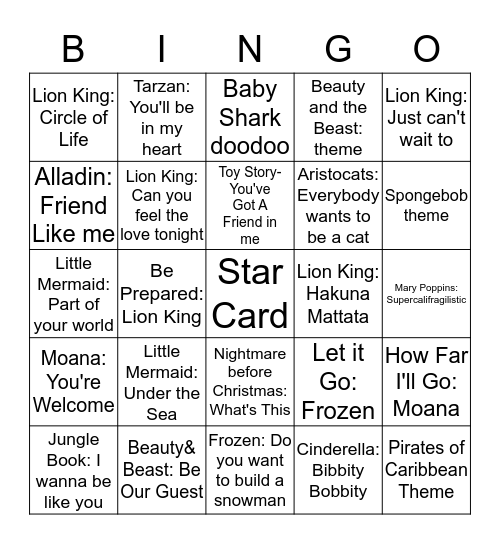 Disney Song Bingo  Bingo Card