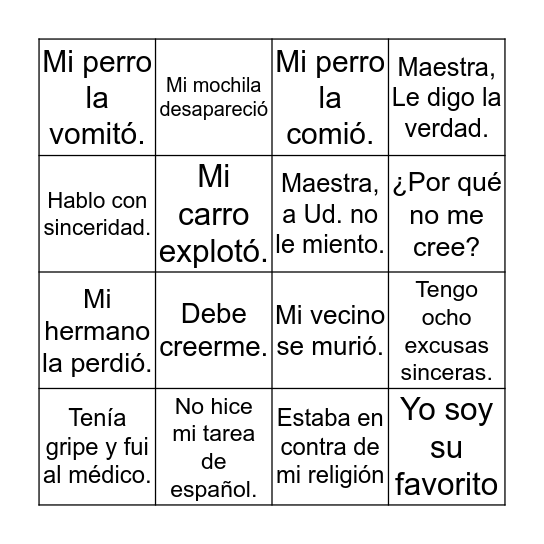 las excusas chunky monkey Bingo Card