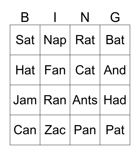 Short A Bingo Card