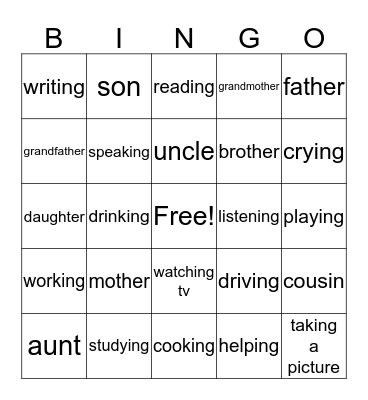 Verbs and Family Bingo Card
