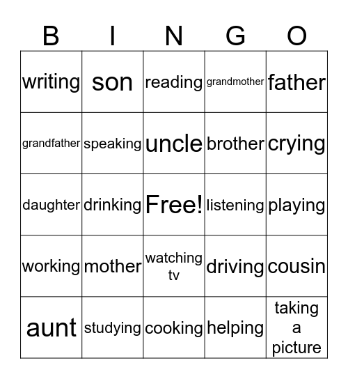 Verbs and Family Bingo Card