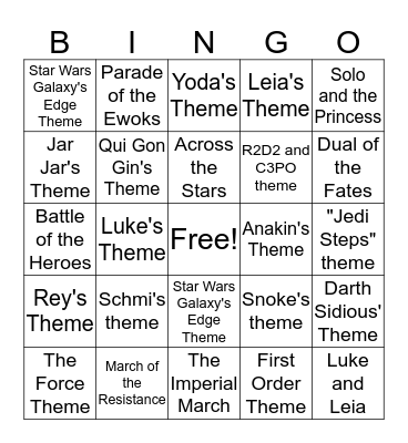 The Rise of Skywalker Musical Theme Bingo Card