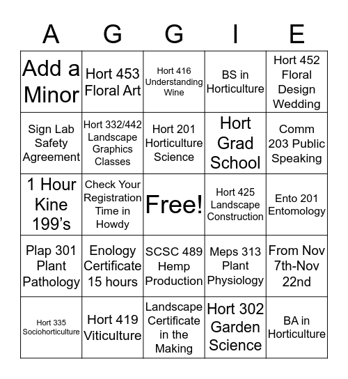 Class Registration Bingo Card