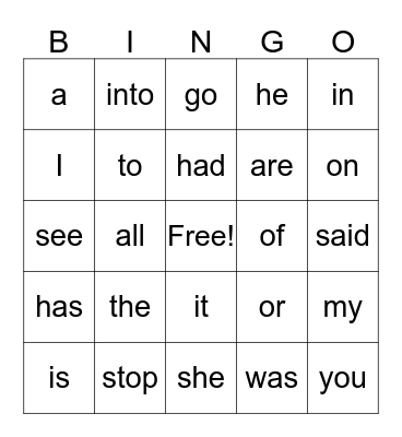 sight words Bingo Card