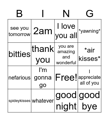 Meg's end-of-stream Bingo Card
