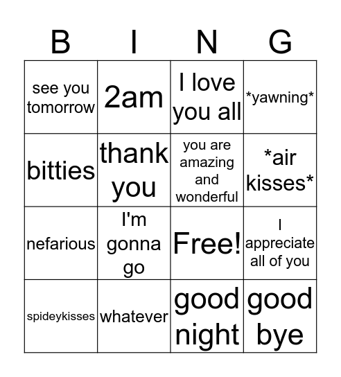 Meg's end-of-stream Bingo Card