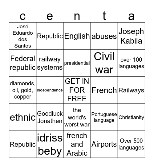 cent a Bingo Card