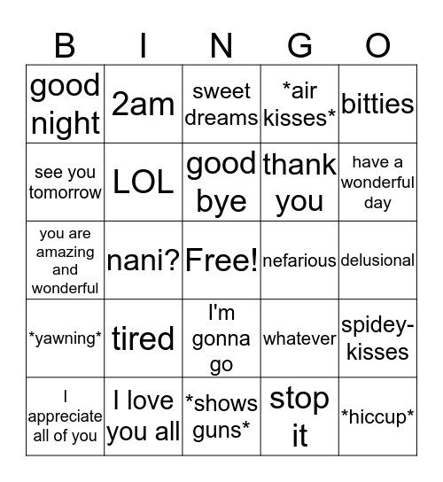 Meg's end-of-stream Bingo Card