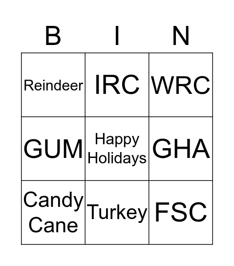 PCC Holiday Bingo Card