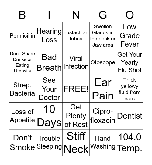 Tonsillitis and Ear Infections Bingo Card