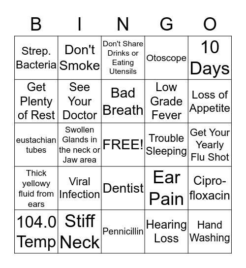 Tonsillitis and Ear Infections Bingo Card