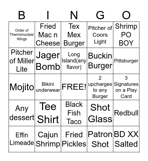 BIKINIS! Free meal or employee tee shirt :) Bingo Card