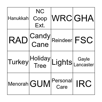 PCC Holiday Bingo Card