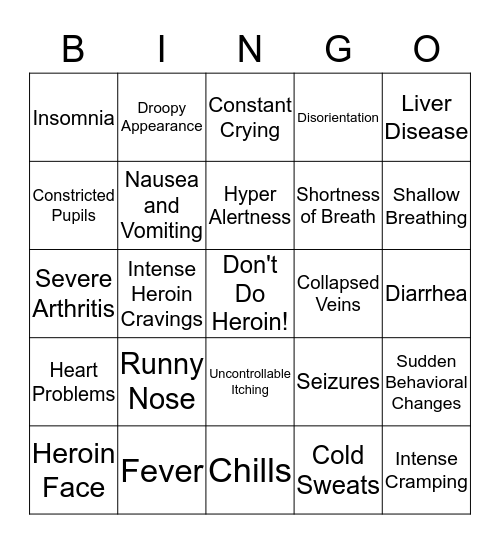 Heroin Side Effects Bingo Card