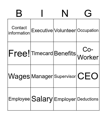 Vocational Vocabulary Bingo Card