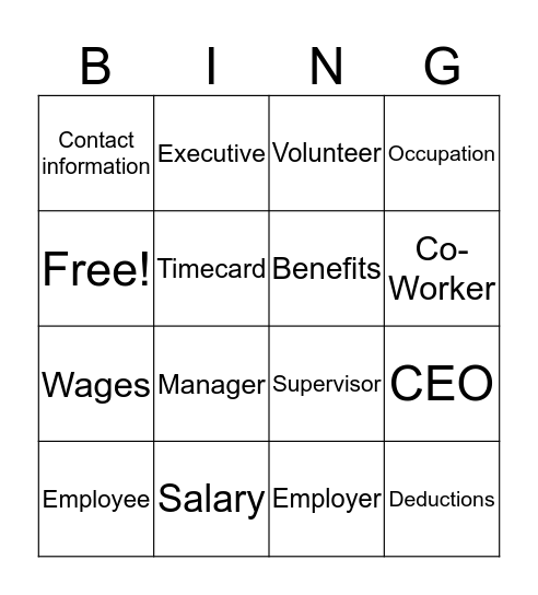 Vocational Vocabulary Bingo Card