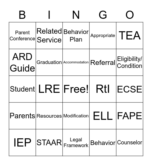 504/SpEd Bingo Card