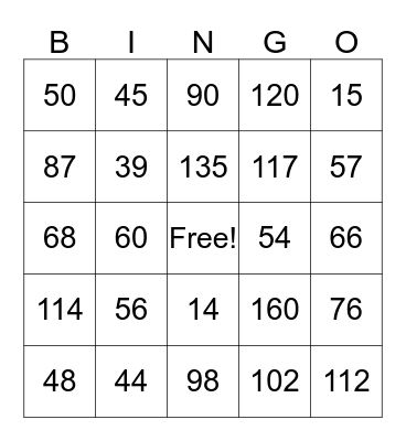 Multiplication Bingo Card