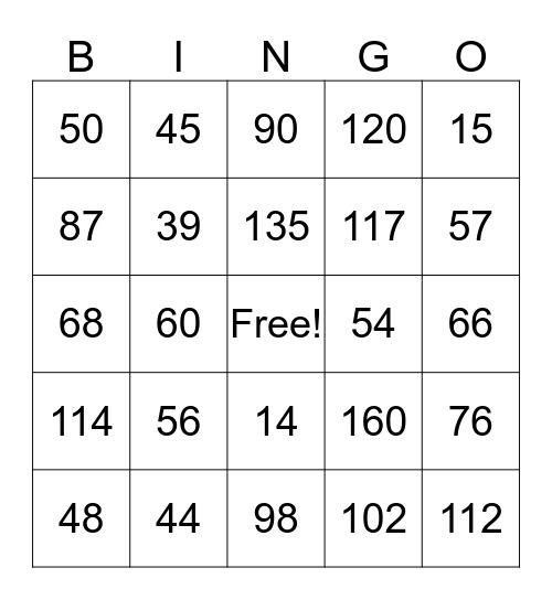 Multiplication Bingo Card