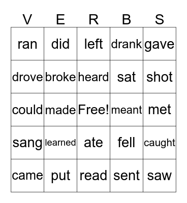 Past Tense Irregular Verbs Bingo Card