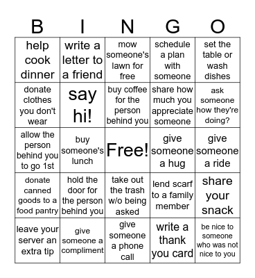 Acts of Kindness Bingo Card