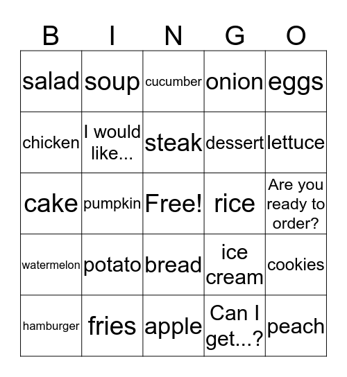 Food Bingo Card