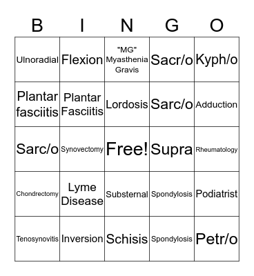 Muskuloskeletal System Bingo Card