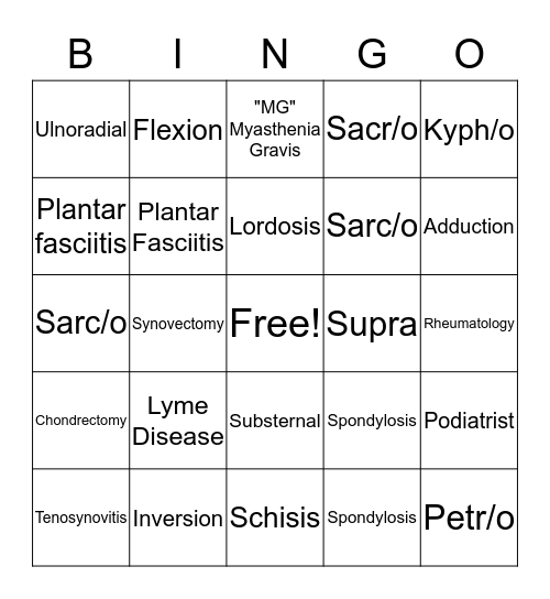 Muskuloskeletal System Bingo Card