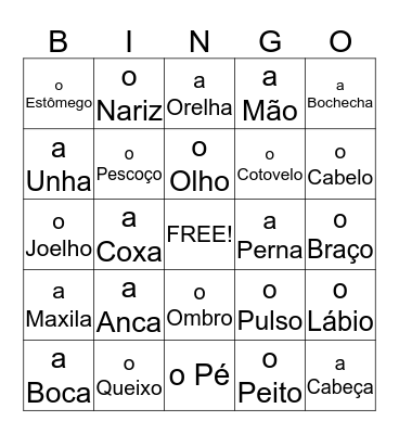 Your Body in Portuguese Bingo Card