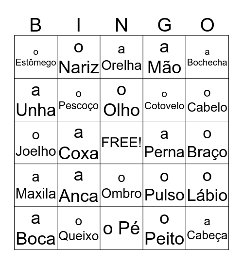 Your Body in Portuguese Bingo Card