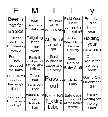 Emily and Rob's Football Labor and Delivery Bingo Card