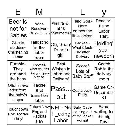 Emily and Rob's Football Labor and Delivery Bingo Card