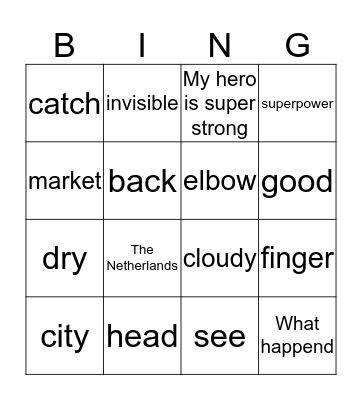 English words Bingo Card
