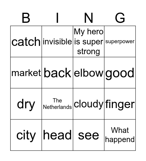 English words Bingo Card