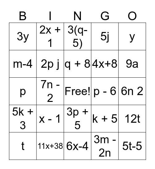 Equivalent Expressions Bingo Card