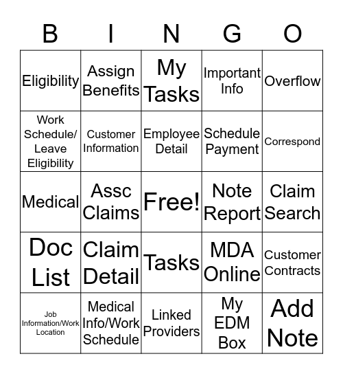 SystemOne Fields Bingo Card