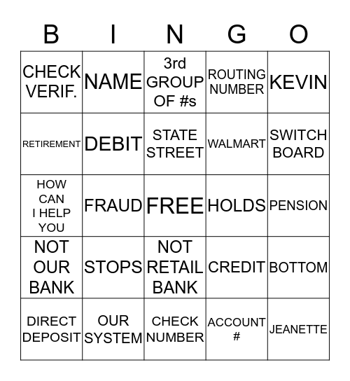 State Street Bank Bingo Card