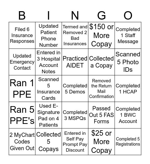 Patient Access Bingo Card