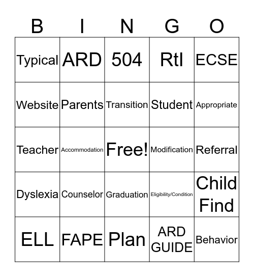 504/SPED BIngo Card